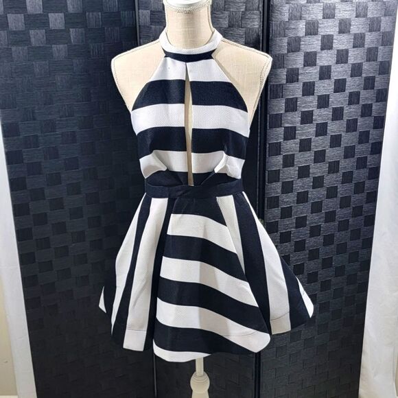 Black /White Stripe Fit Flair Mini Dress with Open Back Size Medium. #167 - Picture 1 of 12